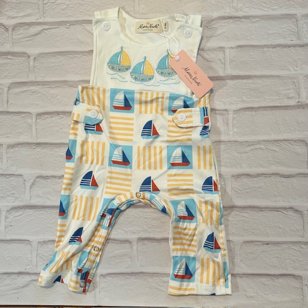 Boutique Marie Nicole Boys Baby 6-12 Months Blue Yellow Short Sleeve Sail Boats